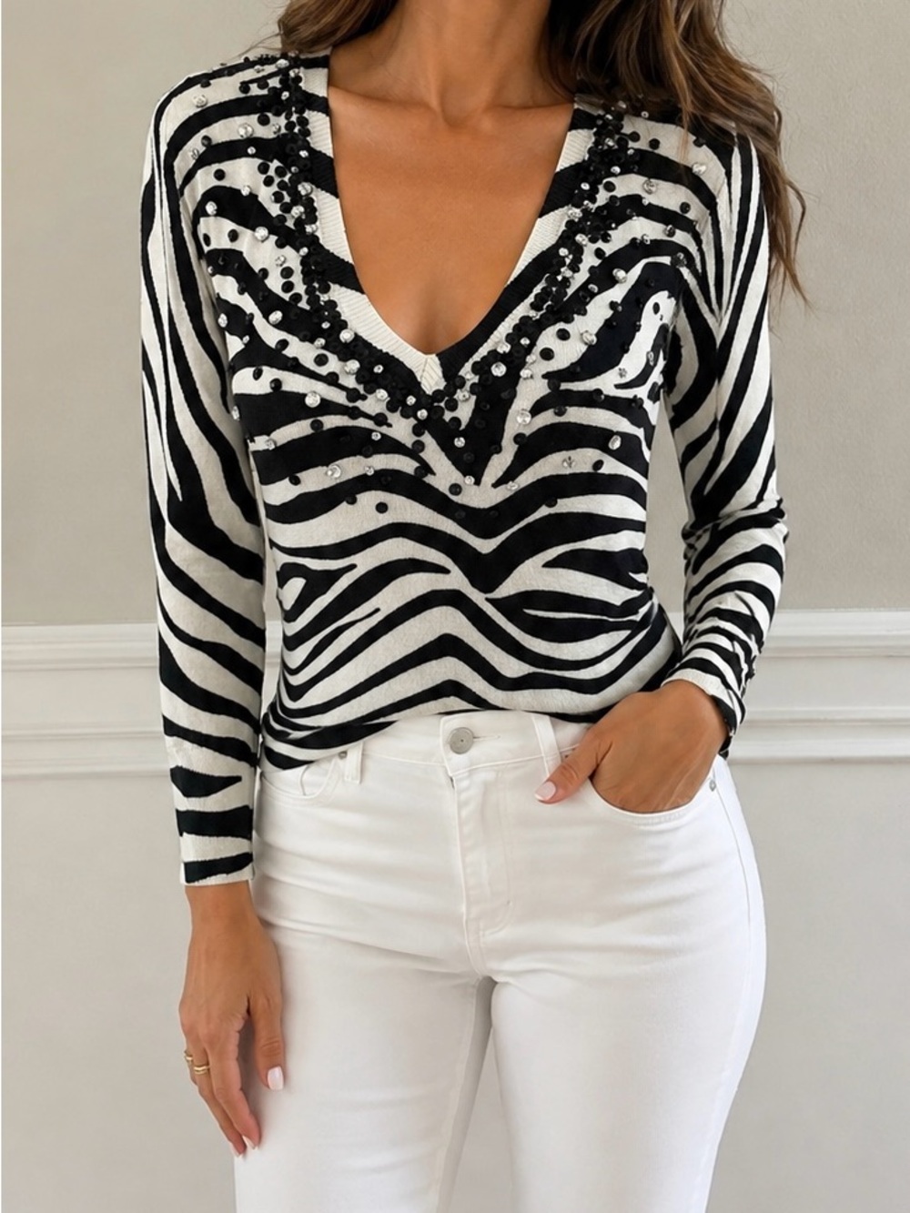 Boston Proper Zebra Print V-Neck Long Sleeve Top with Sequin Black & White-XS